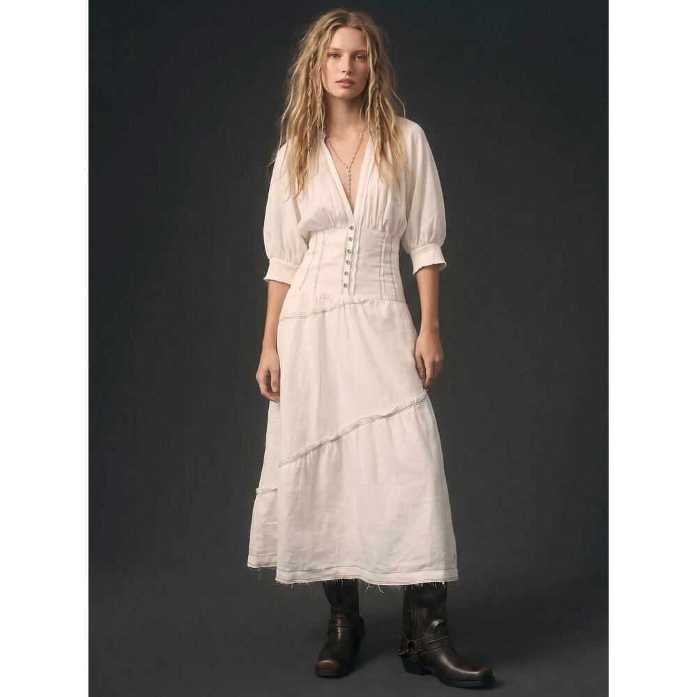 Anthropologie Ethereal Bohemian Linen Corset Midi Shirt Dress White Size Large - Picture 2 of 15